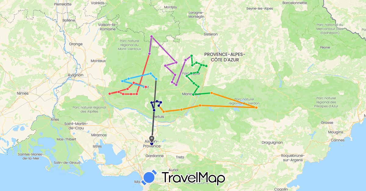 TravelMap itinerary: driving, bus, train, hiking, boat, hitchhiking, motorbike in France (Europe)